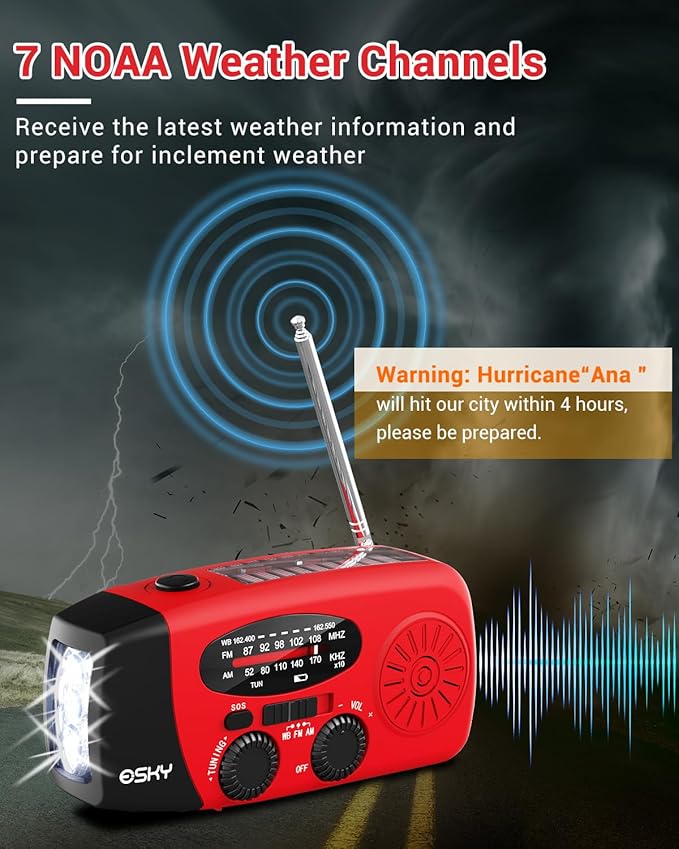 Esky Emergency Hand Crank Radio 7400mWh with 3 LED Flashlight, AM/FM/NOAA Portable Weather Radio with Rechargeable 2000mAh Battery, Solar Powered Radio for Indoor Outdoor Survival Camping, SOS Alarm