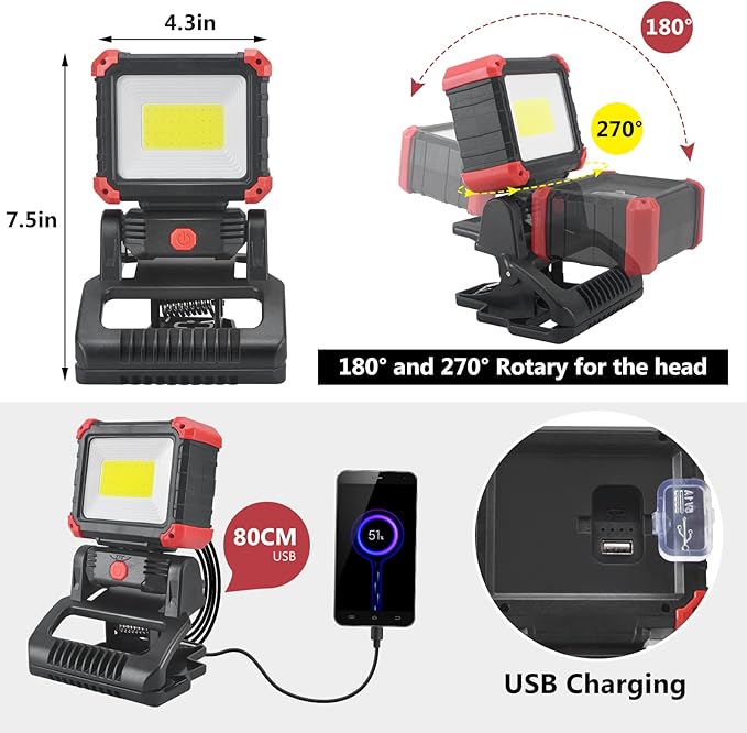 Tresda LED Rechargeable Work Light with Clamp, 2100LM Super Bright COB Magnetic Work Light with 3 Light Modes, 270° & 180° Rotation, Waterproof, Perfect for BBQ, Jobsite, Workshop, Car Repairing