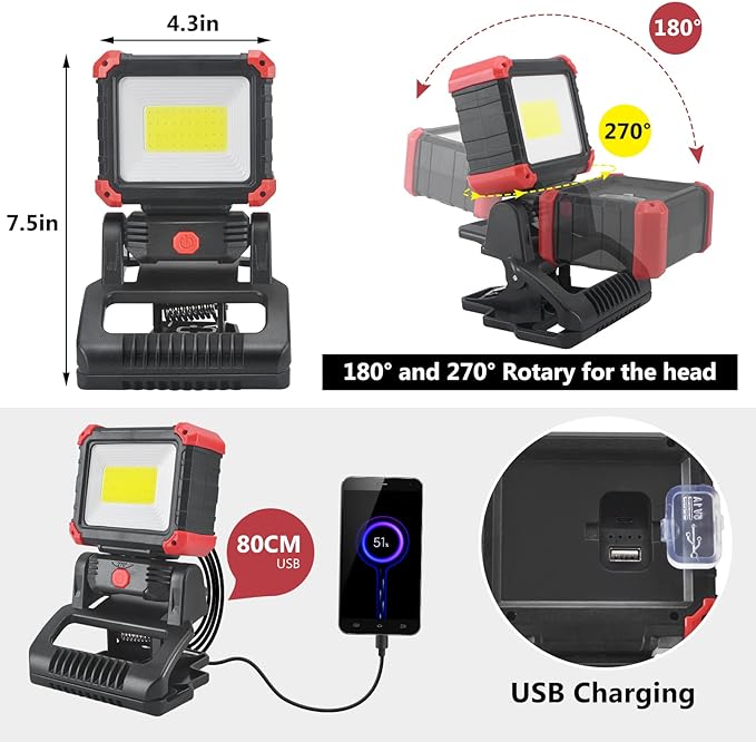 Tresda LED Rechargeable Work Light with Clamp, 2Pack 2100LM COB Magnetic Work Light with 3 Light Modes, 270° & 180° Rotation, Waterproof, Perfect for BBQ, Jobsite, Workshop, Car Repairing