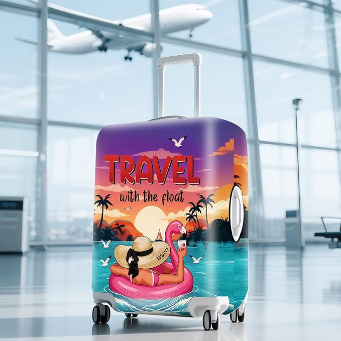 ANNA QUEEN Tropical Travel Flamingo Float Luggage Cover -Stretchable Airplane Suitcase Protector Sleeve,Universal Washable Fit for 32-34 Inch Checked Baggage,Water Resistant Durable Luggage Protector