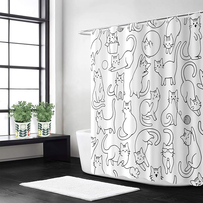 Cat Shower Curtain, Black and White Funny Cats Cute Sketching Kitten with Different Postures Bathroom Curtain Waterproof Fabric Machine Washable with Hooks, 65" Wx72 L