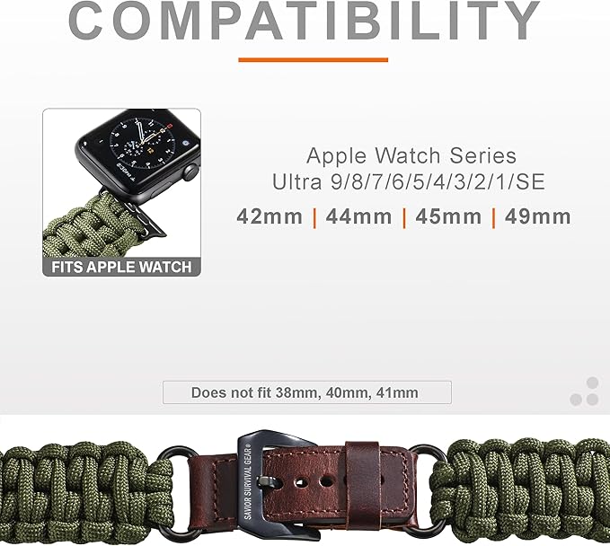 Savior Survival Gear Paracord Band Compatible with Apple Watch Band 49mm 46mm 45mm 44mm 42mm,iWatch Band Series Ultra 10 9 8 7 6 5 4 3 2 1 SE,Adjustable strap for men (Green-Brown Leather, Adjustable)