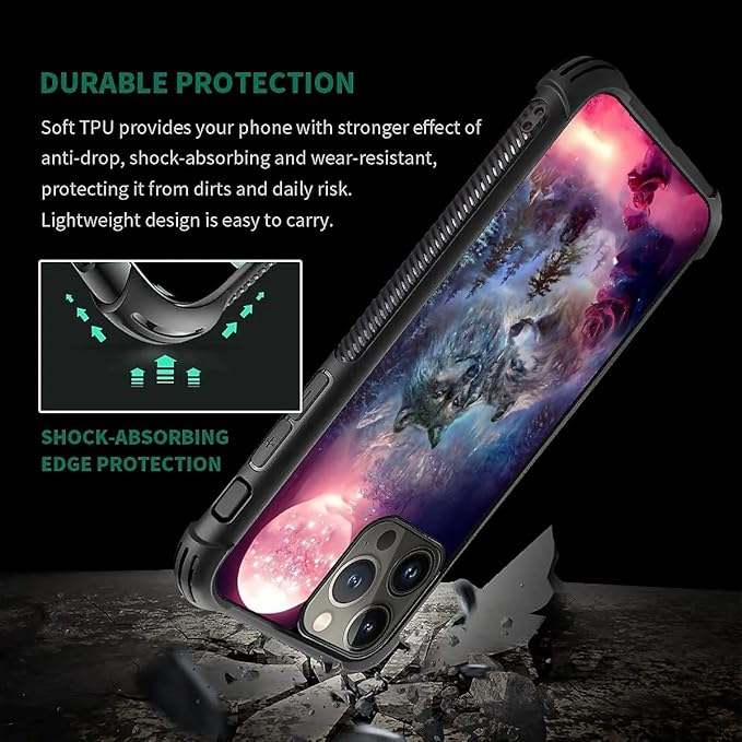 for iPhone 15 Pro Case, Star Two Wolfs Howling Pattern Graphic Design Girl Boy Soft Silicone Hard Acrylic Shock Protection for iPhone 15 Pro