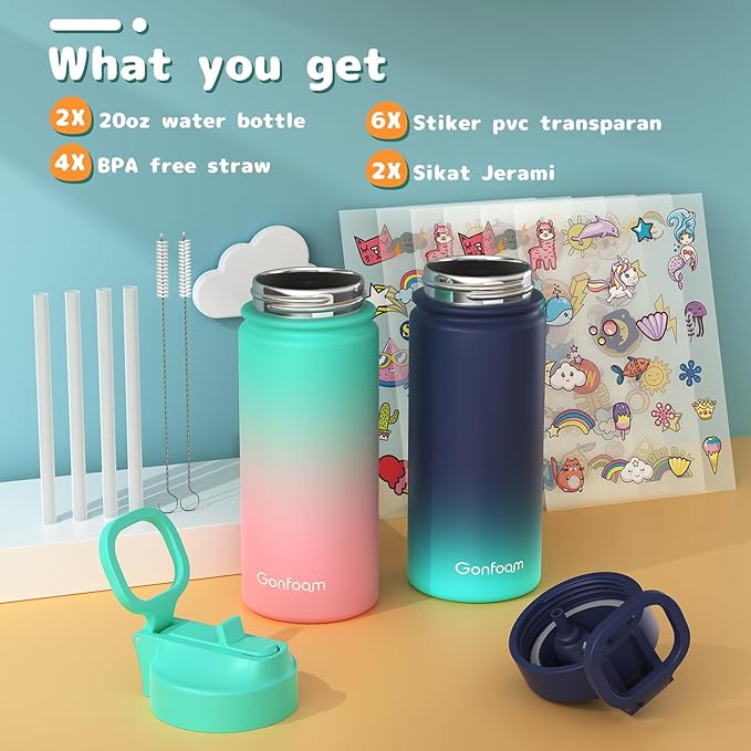 Kids Water Bottle, 2-Pack 16oz Water Bottles with Stickers and Straw, Stainless Steel Vacuum Insulated cup, Kids Water Bottle for School, Gifts for Boys and Girls(Blue/Green)