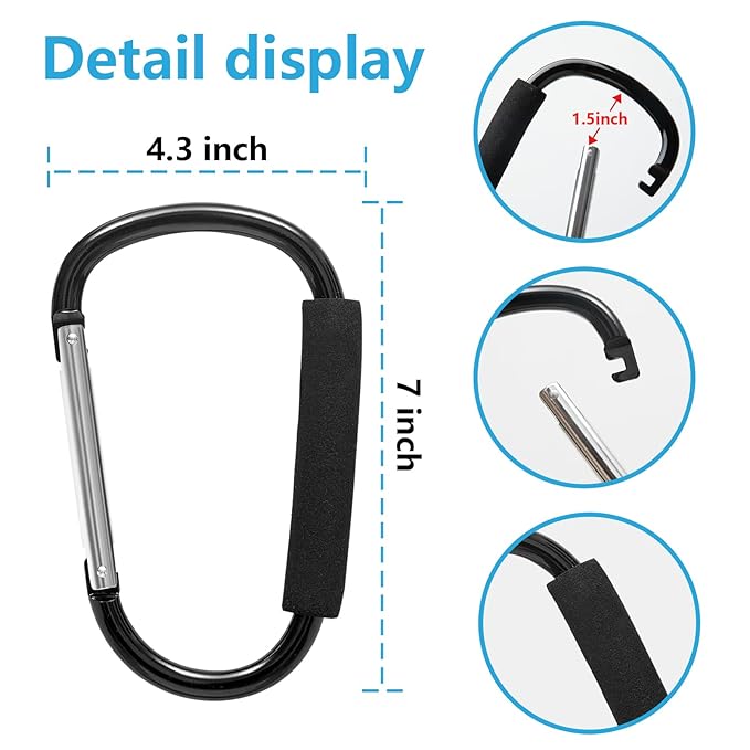 Baby Stroller Hooks for Hanging Diaper Bags, 7" Large Stroller Clip, 2 Pack Stroller Hooks for Hanging Bags and Shopping, Stroller Accessories for Mommy, Large Carabiner,Organizer of walker accessorie
