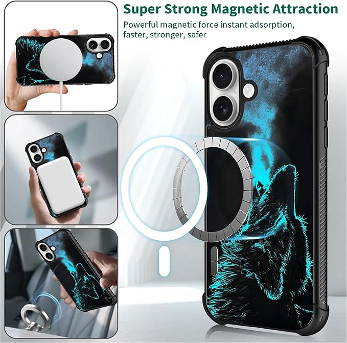 for iPhone 17 Case,for MagSafe Graphic Design for Girl Boy Soft Silicone Hard Acrylic Shock Protection Designed for iPhone 17 Blue Breathing Wolf Pattern