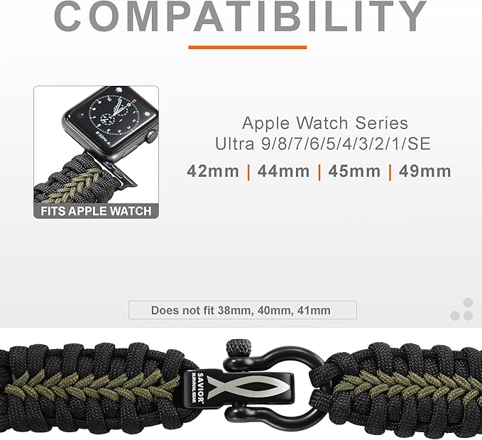 Savior Survival Gear Paracord Watch Band,Compatible with Apple Watch Band 49mm 46mm 45mm 44mm 42mm, iWatch Band Series Ultra 10 9 8 7 6 5 4 3 2 1 SE, Adjustable strap for men (Black & Green, X- Large)