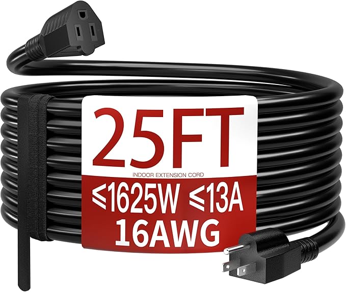 Skrizcable 16/3 25 Ft Indoor Black Extension Cord, Flexible & Flame Retardant Black 3 Prong Power Cord Indoor for Home and Office, 13 Amps 1625 Watts 125 VAC 16AWG, ETL Listed