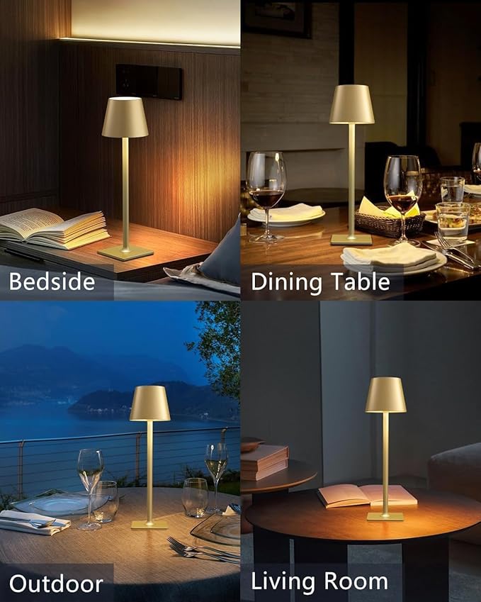 Fizrice Cordless Table Lamp, 6000mAh Battery Operated, 250LM Adjustable Brightness IP65 Height Adjustable - Set of 2 Gold Wireless Lamps for Restaurant Patio Bedside Outdoor Cafe & Home Decor