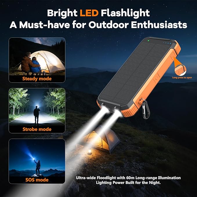 ERRBBIC Solar Charger Power Bank 20000mAh, Portable Wireless Charger, 15W Fast Charging External Battery Pack with Dual Flashlight and USB C Outputs, Outdoor Mobile Power Compatible with Cell Phones