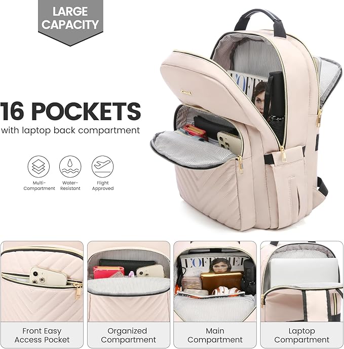 LOVEVOOK Laptop Backpack for Women 18.4 inch,Cute Womens Travel Backpack Purse,Professional Laptop Computer Bag,Waterproof Work Business College Teacher Bags Carry on Backpack with USB Port,Nude