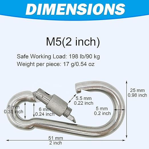 304 Stainless Steel Carabiners -2 inch Heavy Duty, Durable & Rust-Free Clips for Gym, Swing, Dog Leashes, Hammocks, Keychains, and More(304,M5 with Screw,Pack of 12)