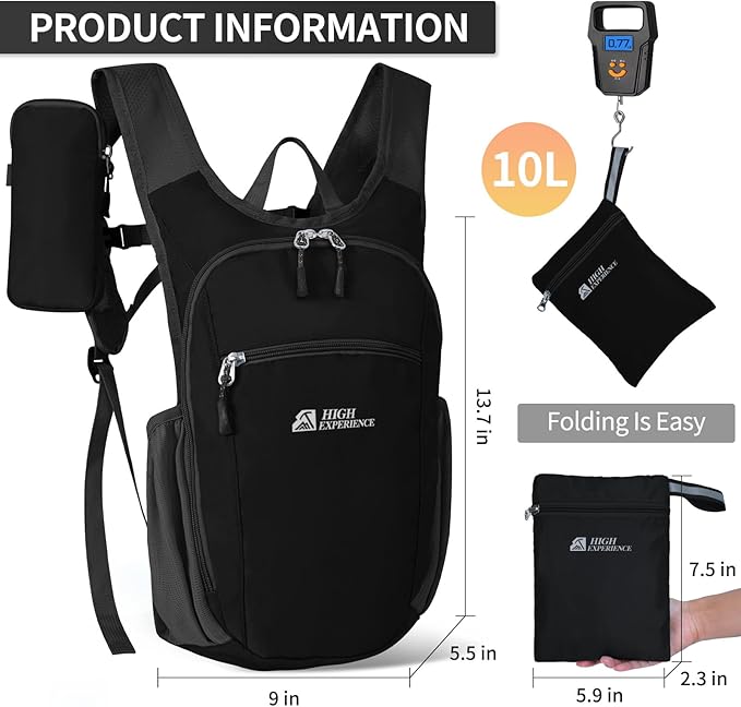 Hiking Backpack 10L/15L Small Daypack Lightweight Packable Travel Foldable Water Resistan for Women Men (Black, 10L)
