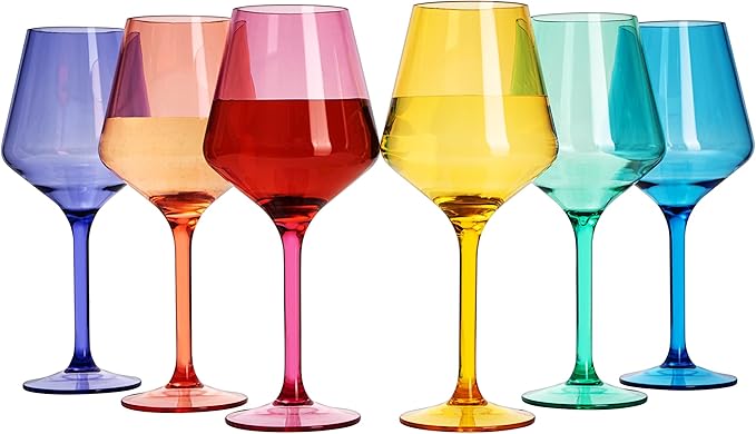 European Style Plastic Crystal, Stemmed Wine Glasses | 6 Set | Acrylic Glasses Tritan Drinkware, Unbreakable Color Shatterproof BPA-free Reusable, Outdoor, Pool Floating & Indoor, Hand Wash 15oz Gift