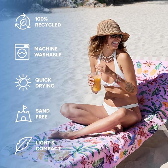 Dock & Bay Beach Towel - Quick Dry, Sand Free - Compact, Lightweight - 100% Recycled - Includes Bag - Pink Paradise - Extra Large (200x90cm, 78x35)