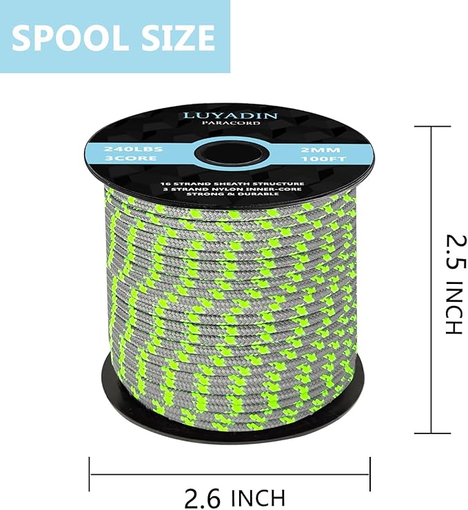 Paracord 240lb - Diameter 2mm Micro Utility Cord -3 Strand Parachute Spool Cord - 100ft 200ft,Paracord for Camping,Hiking,Fishing,Outdoor and DIY