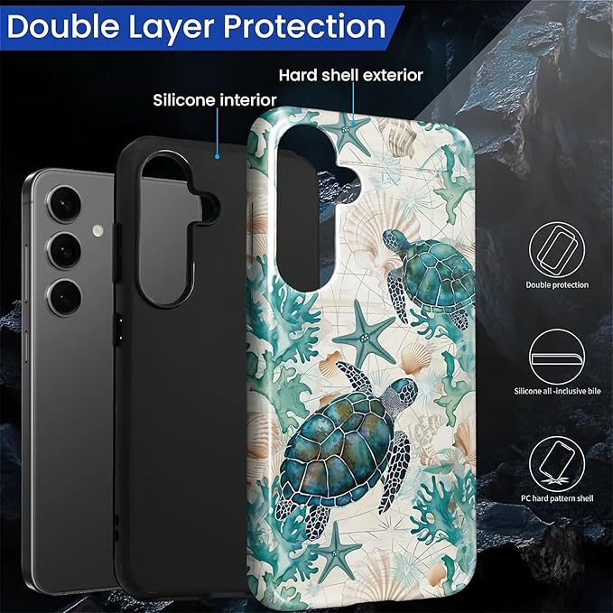 for Samsung Galaxy S25 Case,HL2 Ocean Sea Turtle Nautical Map Hybrid 2 Layer Hard Shell Silicone Protective Pattern Design Case