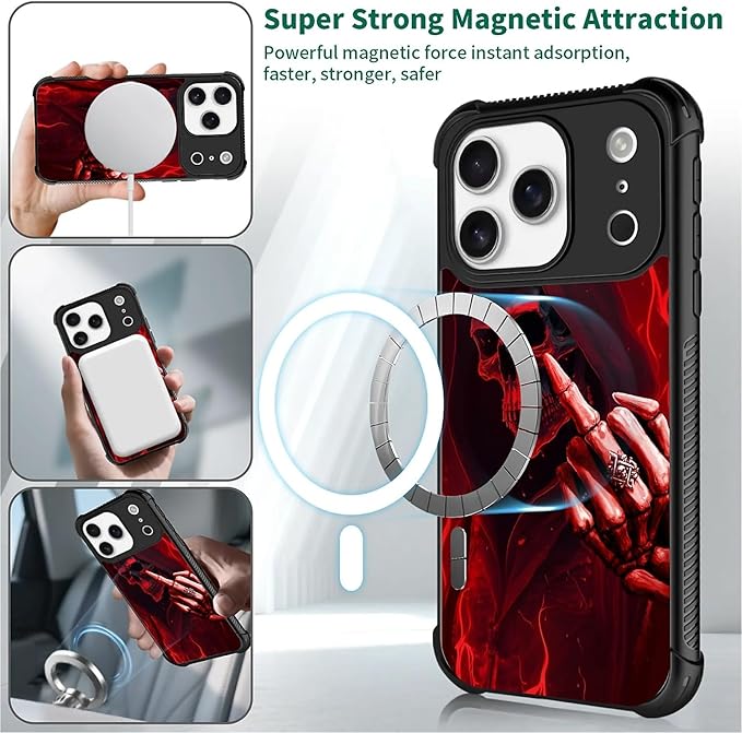 for iPhone 17 Pro Case,for MagSafe Graphic Design for Girl Boy Soft Silicone Hard Acrylic Shock Protection Designed for iPhone 17 Pro Gestures Funny Skull Pattern