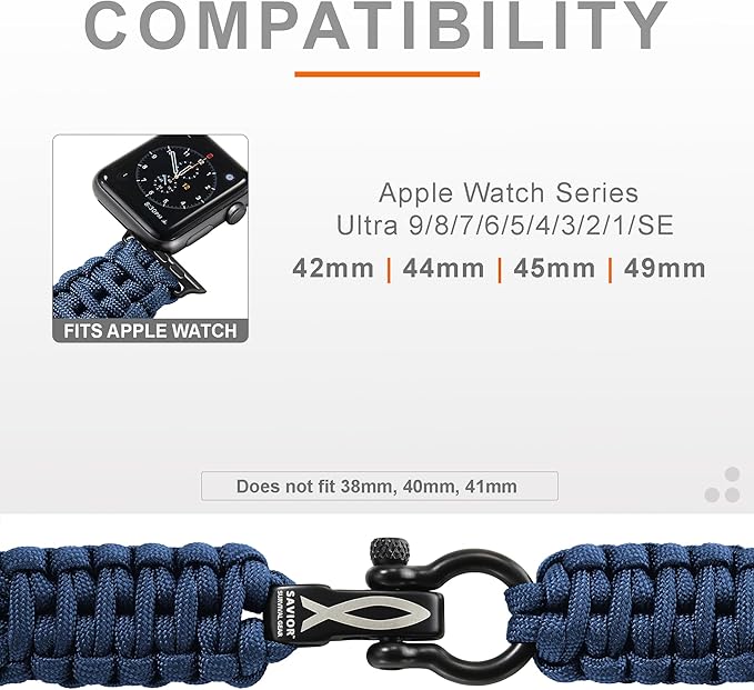Savior Survival Gear Paracord Watch Band - Compatible with Apple Watch Band 49mm 46mm 45mm 44mm 42mm - iWatch Band Series Ultra 10 9 8 7 6 5 4 3 2 1 SE – Adjustable strap for men (Dark Blue, X-Large)