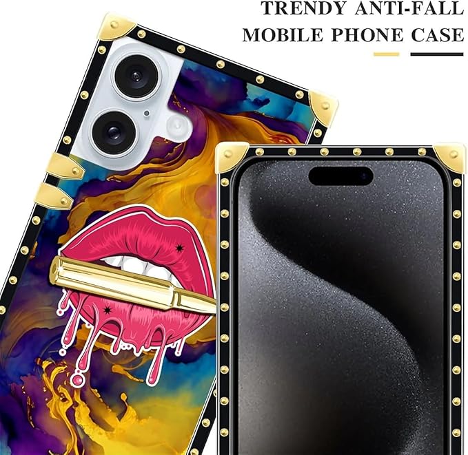 Compatible with iPhone 16 Plus Case, Cool Corlorful Lip Marble Luxury Golden Decoration for Girl Women Soft TPU Shockproof Protective Hard PC Back for iPhone 16 Plus