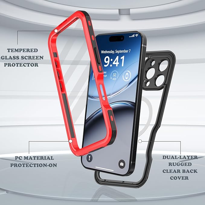 for iPhone 16 Pro Max Case Waterproof, [Shockproof] [Dustproof] [IP68 Waterproof] Full-Body Hard Case Built-in [Lens Screen Protection] for Diving Case (Red, for iPhone 16 Por Max 6.9in)