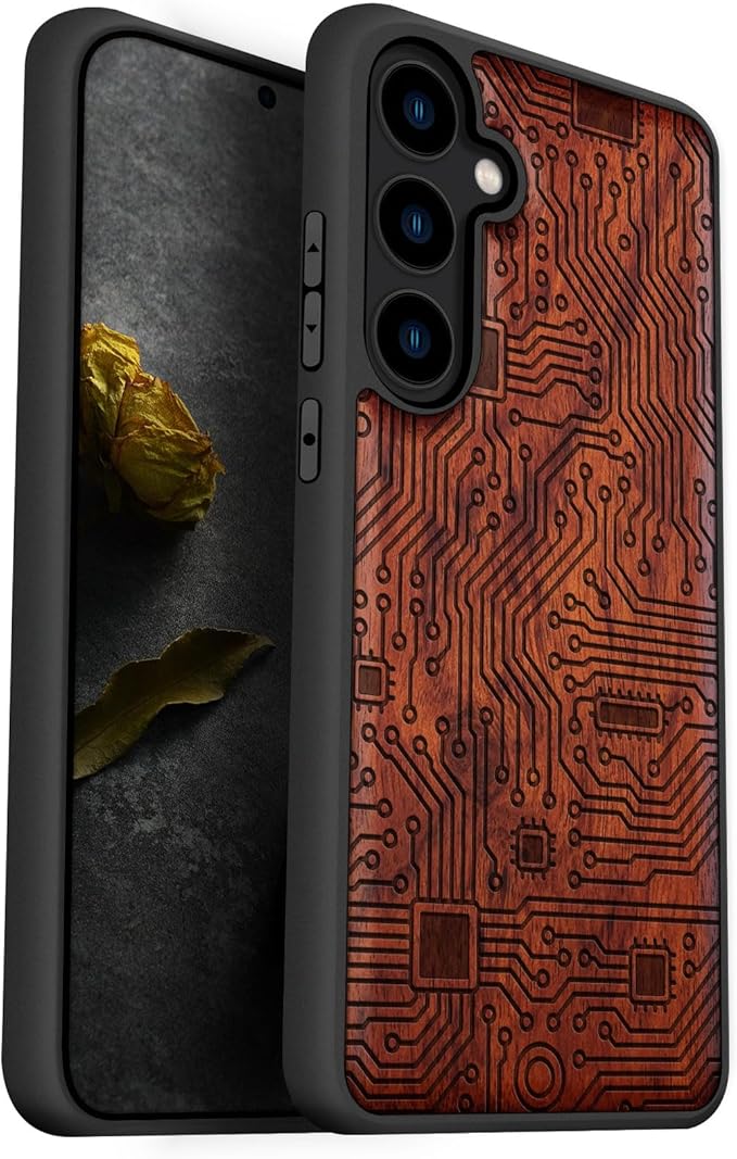 Carveit Wood Case for Galaxy S24 Plus Case [Natural Wood & Black Soft TPU] Shockproof Protective Cover Unique Wooden Design Compatible with S24 Plus (Motherboard-Rosy)