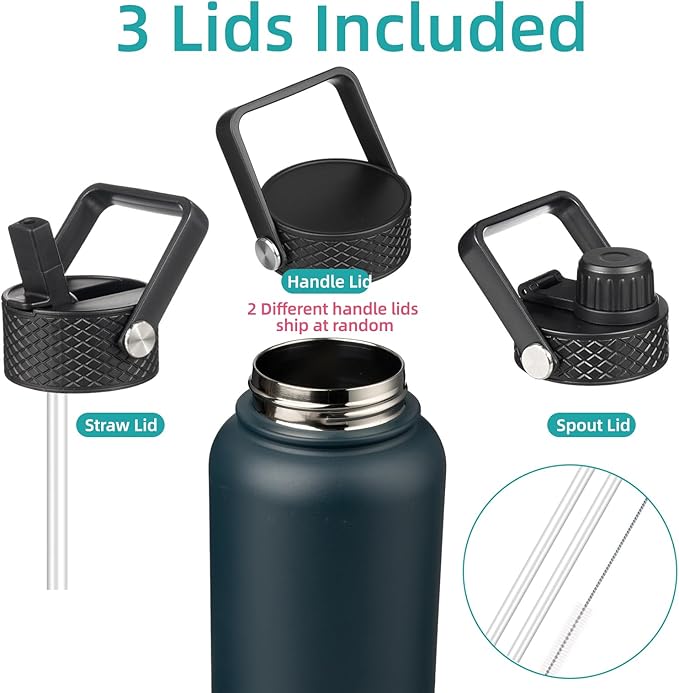Konokyo 40oz Insulated Water Bottle Stainless Steel Sport Bottles with 3 Lids,Navy Blue