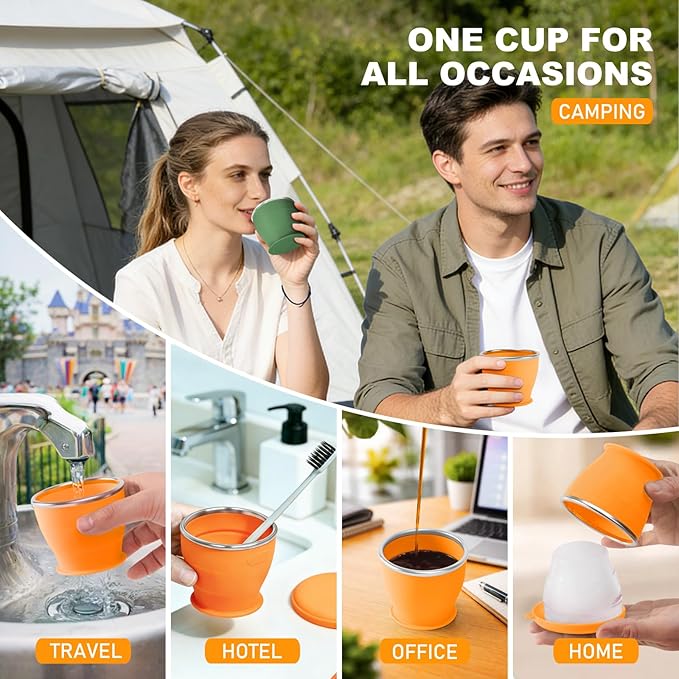 Collapsible Travel Cup, BPA-Free Reusable Water Cup, Lightweight Drinking Cups with Lids and Carrying Strap, Dishwasher Safe Silicone Cups for Camping, Travel, Airports, Hotel (6.7oz, Orange)