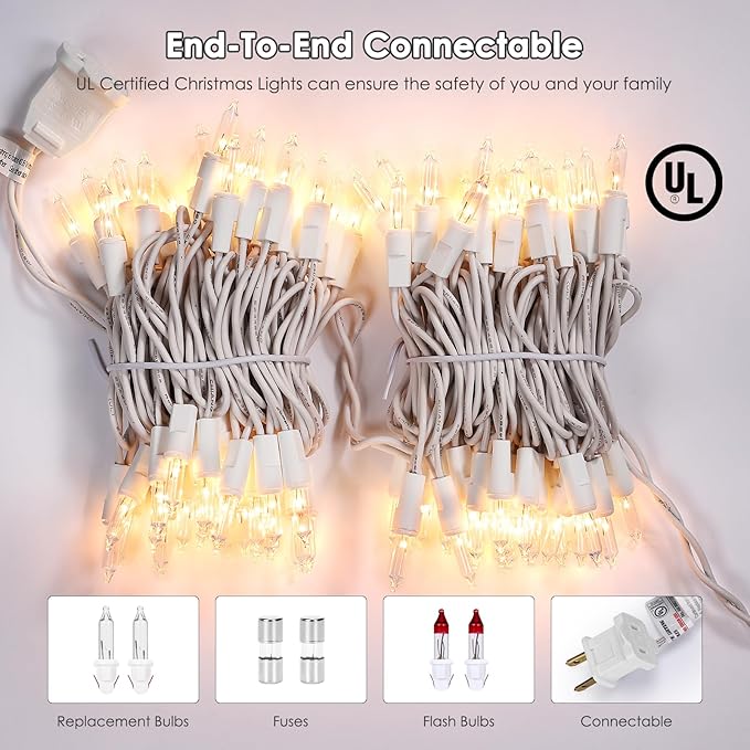Meteds Christmas Lights 100 Count Clear White Wire UL Certified Connectable Warm White String Lights for Christmas Tree,Garland,Home,Patio, Wedding,Party,Festival Decor