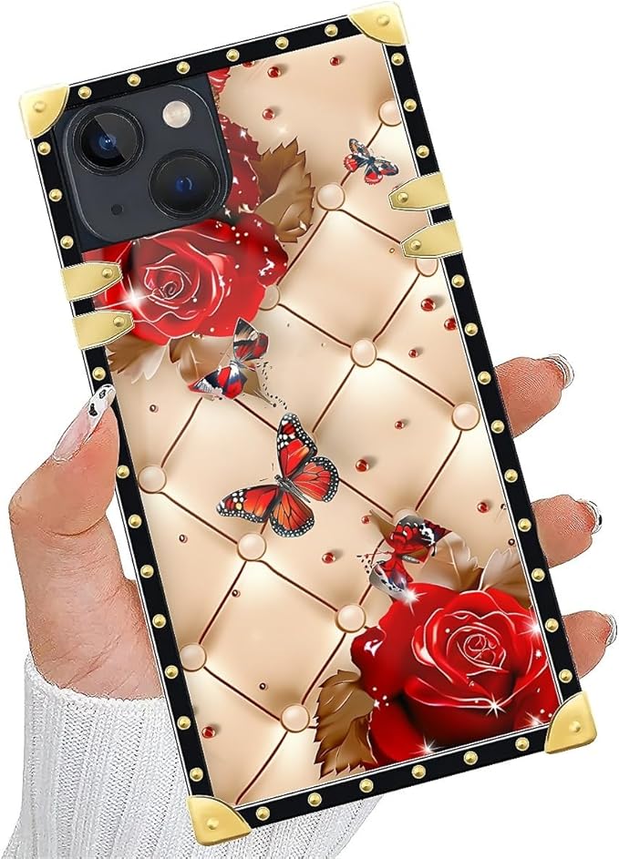 Compatible with iPhone 13 Case, Shining Red Rose Butterfly Leather Background Luxury Golden Decoration for Girl Women Soft TPU Shockproof Protective Hard PC Back for iPhone 13
