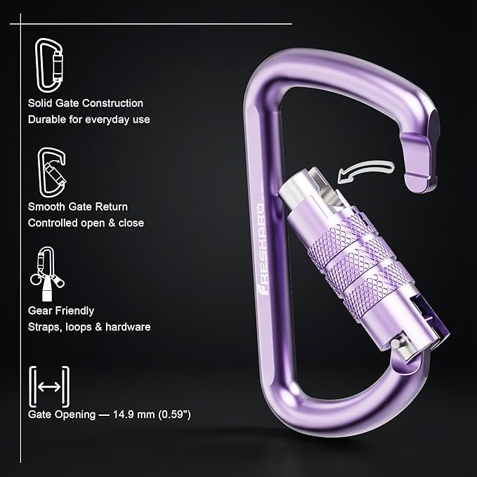 FresKaro 3inch 12kN-2698lbs Auto Locking Carabiner Clips, Solid D Shape, Heavy Duty 7075 Aluminum, Lightweight 1.09oz, Rust Proof, for Hammock, Hiking, Dog Leash, Keychain etc., Multi-Colors