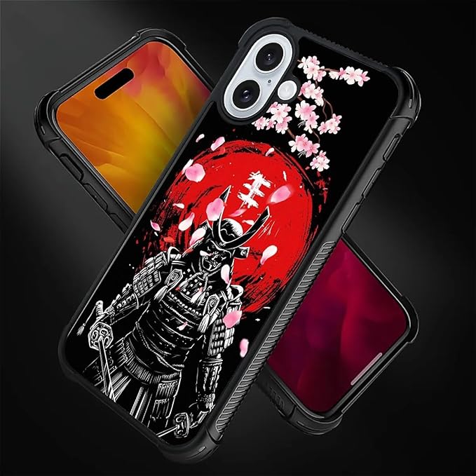 for iPhone 16 Case, Sakura Japanese Samurai Pattern Graphic Design Girl Boy Soft Silicone Hard Acrylic Shock Protection for iPhone 16