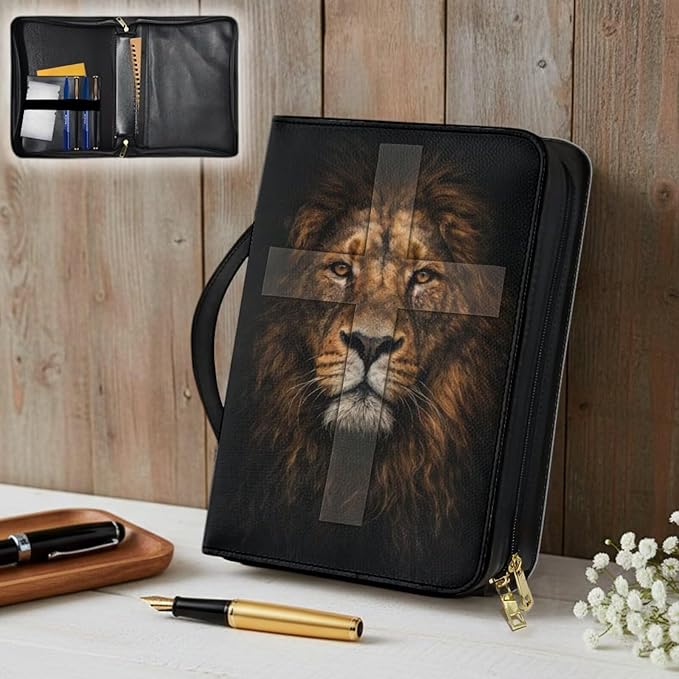 Leather Bible Cover Case for Men PU Bible Case with Bookmark Church Bag Book Carrying Case Lion and Cross Print Bible Covers