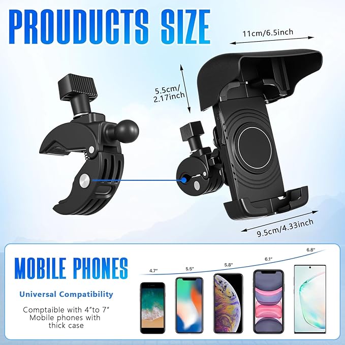 Tellegloww Boat Phone Holder, Marine Cell Phone Holder with Sunshade, 360 Degree Adjustable Knob Crab Clamp, Smartphone Accessory for Cycling, Boat Rail, Pontoon and Outdoor Use(Black)