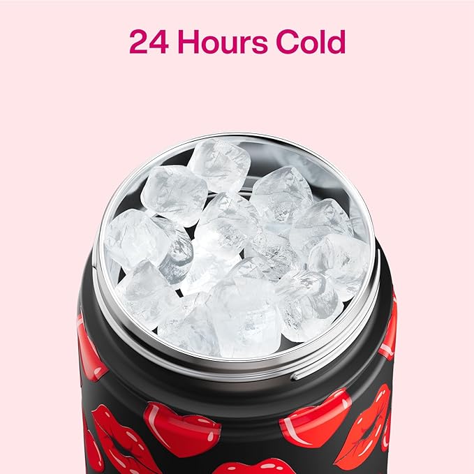 ENCOOL Valentine's Day Insulated Water Bottle with Straw Stainless Steel Water Bottle, Leak-Proof, BPA-Free, Keeps Cold for 24 Hours for Sports, Travel, School (26 oz, Kiss Hearts Red x Black)