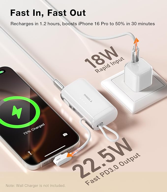TORRAS iPhone 16 Portable Charger, 5000mAh 22.5W Power Bank with Built-in USB-C Cable, Fast Charge Battery Pack for iPhone 17/16/15, Galaxy S25, Google for Travel Outdoor Hiking Backup Battery, White