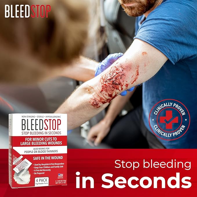 BleedStop™ First Aid Powder for Blood Clotting, Trauma Kit, Blood Thinner Patients, Camping Safety, and Survival Equipment for Moderate to Severe Bleeding Wounds or Nosebleeds - 2 (20g) Pouches