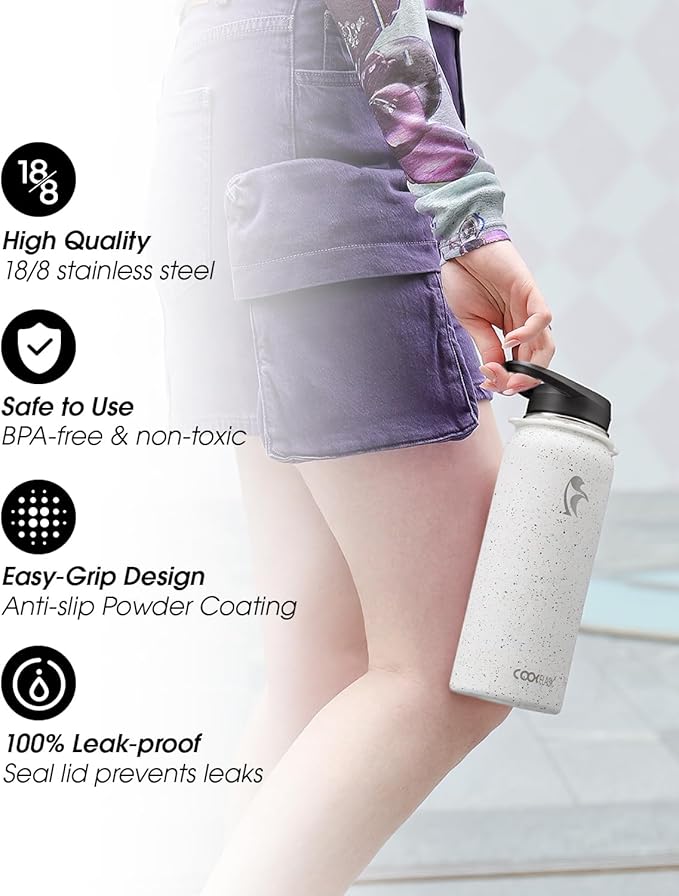 Coolflask Water Bottle with Straw, 40 oz Insulated Metal Water Flask with Straw & Spout Lids, Stainless Steel Double Wall Vacuum, Keep Cold 48h Hot 24h, Leak Proof, BPA-Free, Arctic White