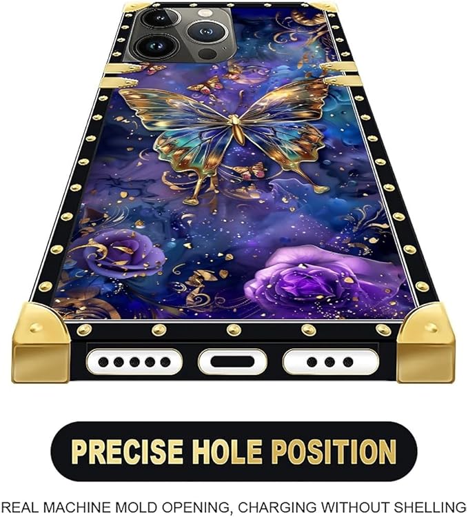 Compatible with iPhone 16 Pro Case, Glistening Golden Butterfly Vibrant Purple Blue Luxury Golden Decoration for Girl Women Soft TPU Shockproof Protective Hard PC Back