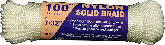 T.W Evans Cordage 44-075 7/32-Inch Solid Braid Nylon Rope 100-Feet Hank