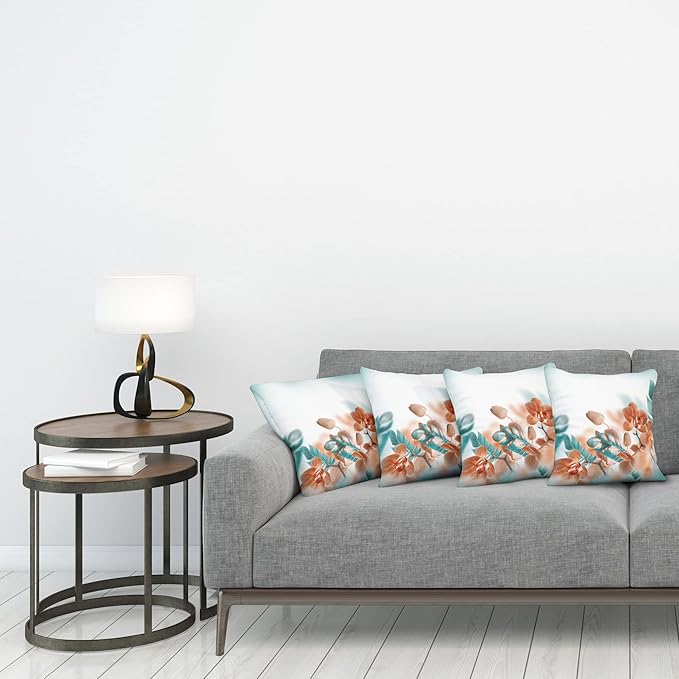 Ambesonne Tropical Throw Pillow Cushion Case Pack of 4, Exotic Orchids Blossom Leaves on Blurred Background Floral Themed Modern Art, Modern Accent Double-Sided Digital Printing, 16", Orange Teal