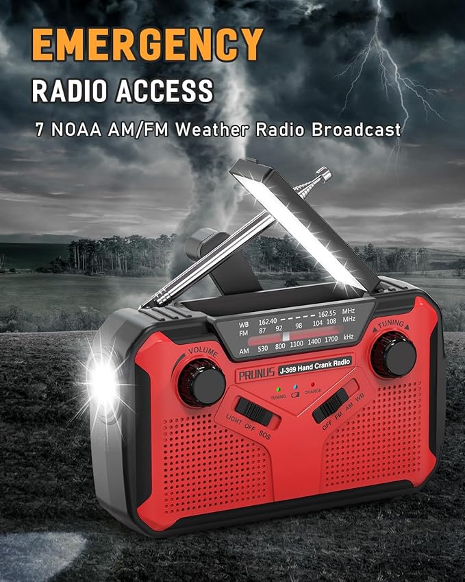 PRUNUS J-369 11100mWh Emergency Weather Radio, AA Batteries/Hand Crank/Solar/USB Charging, NOAA/AM/FM, LED Flashlight and Reading Lamp,SOS Alarm & Flashlight Portable
