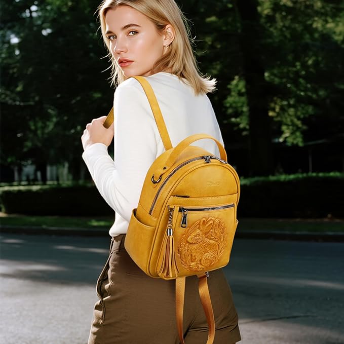 Mini Backpack Purse for Women,Embossed Leather Small Backpack Fashion Travel Backpacks Daypacks Shoulder Handbag (YELLOW-Rabbit)