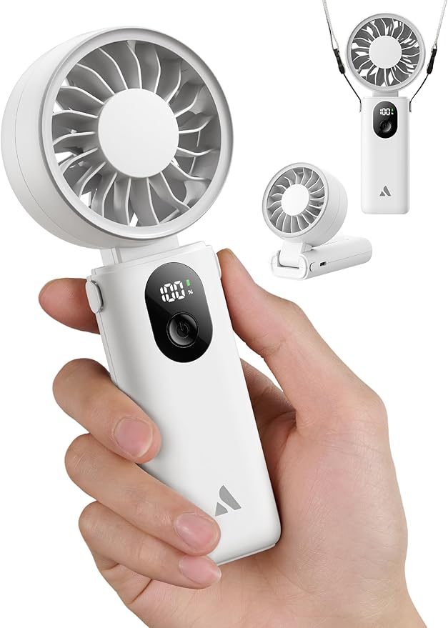 Aecooly Mighty Portable Handheld Fan | 20H Max Cooling Time | 3 Flexible Modes | 5 Speeds Wind | Battery Level Display | USB Rechargeable Mini Personal Battery Powered, Gifts for Women, Travel -White