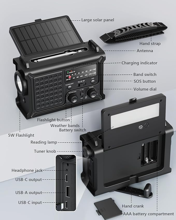 Emergency Weather Radio with Large Solar Panel, Efficient Hand Crank & Real 12000mAh Battery | AM/FM/NOAA Bands, LED Flashlight, Reading Lamp, SOS Alarm & Phone Charger for Outdoor & Emergency