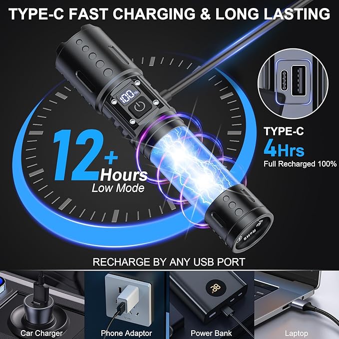 Banral Flashlights High Lumens Rechargeable - Super Bright Tactical LED Flash Light, Dimmable&Memory Function Powerful Waterproof Flashlight for Camping,6 Modes,Zoomable,LCD Display (2, Black)