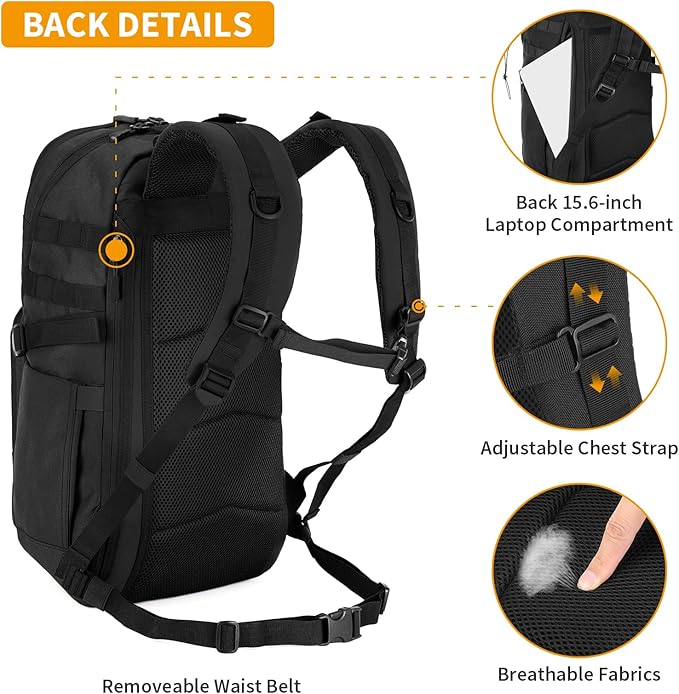 HUNTVP Tactical Backpack for Men 35L Military Backpack MOLLE 1000D Army Daypack 3 Day Bug Out Bag for Work Camping Hiking Outdoor, Black