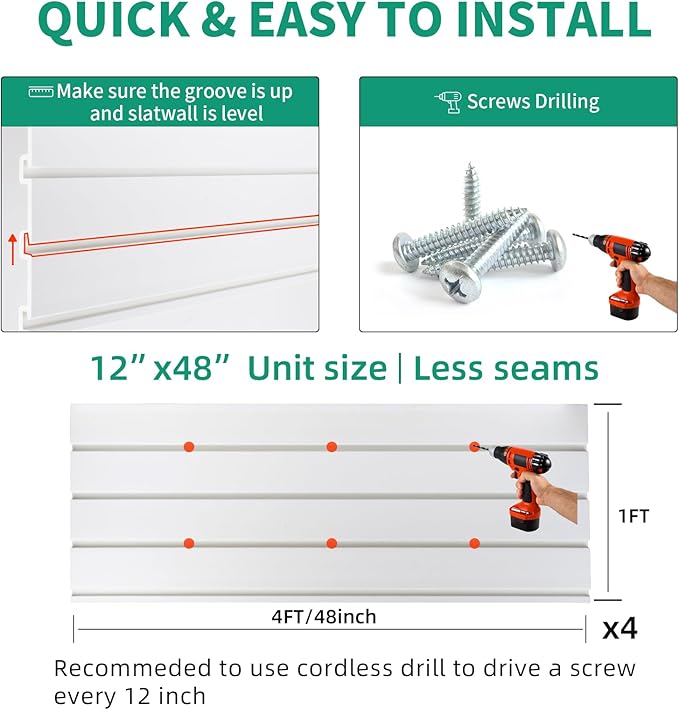 FRAYSCENT Slat Wall Paneling Garage Slat Wall Storage Systems Slatwall Panels Power Tool Organizer Wall Mount, PVC Garage Storage & Organization Products Slate Board (White, 4ft x 4ft)