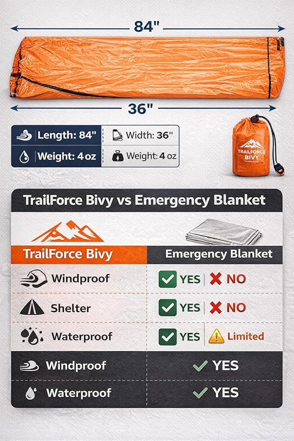 Emergency Bivy Sack Survival Sleeping Bag – Waterproof Thermal Emergency Blanket Shelter for Camping, Hiking, Survival Kit, Outdoor Emergency Gear – Ultralight Compact Orange Bivy
