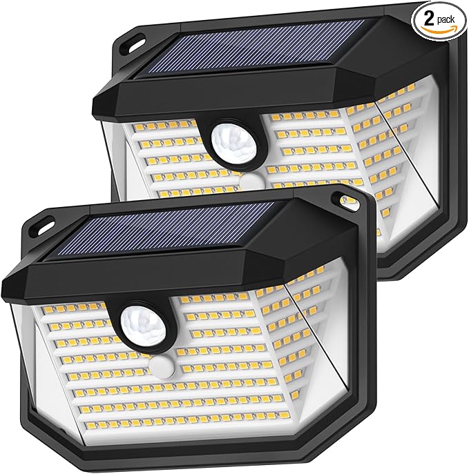 2-Pack Solar Outdoor Lights, Super Bright Solar Powered Motion Sensor Outdoor Lights, Warm White, 178s LED Outside Security Wall Lights for House, Porch, Fence